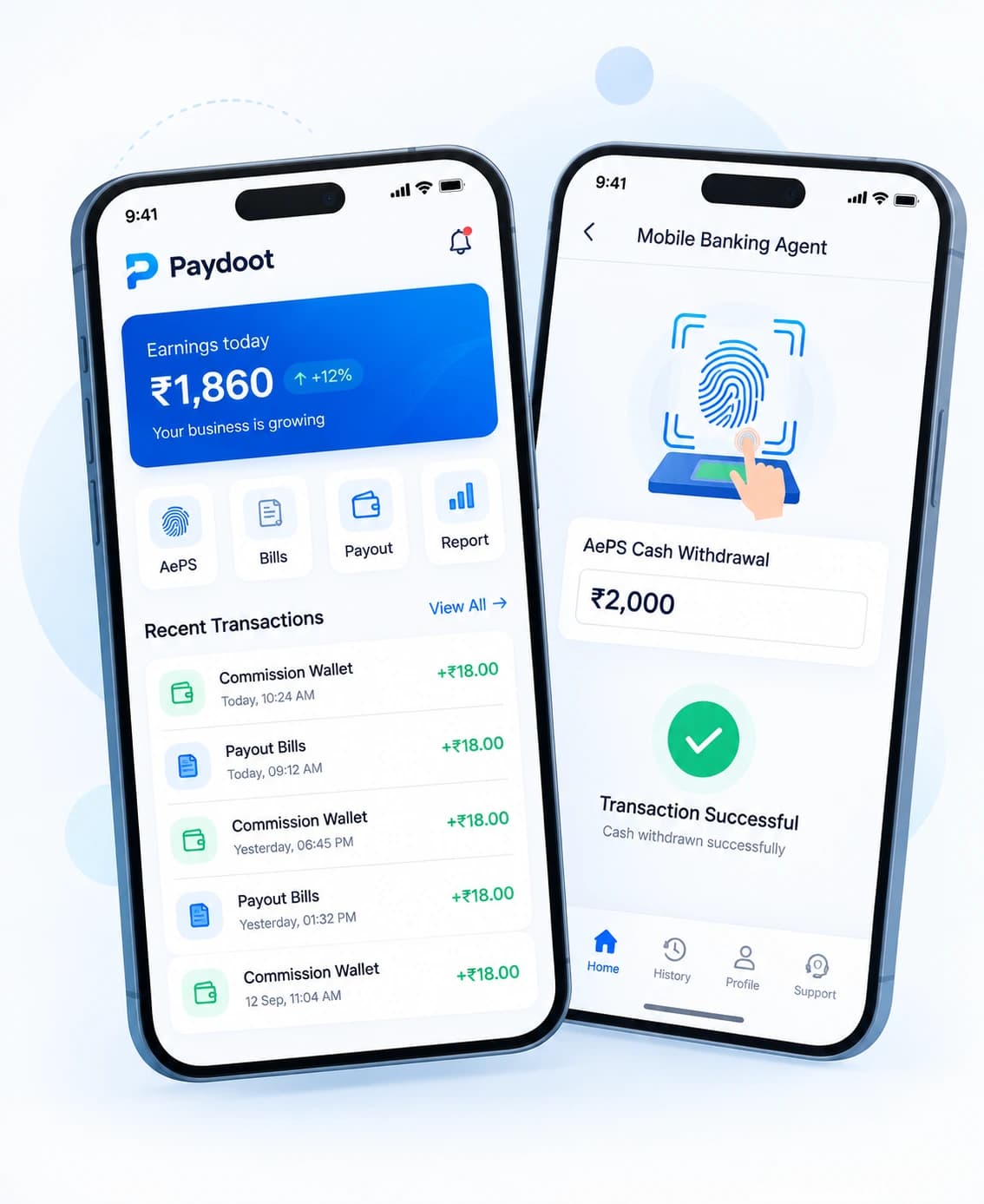Paydoot retailer app showing today's earnings, AePS withdrawal and commission wallet